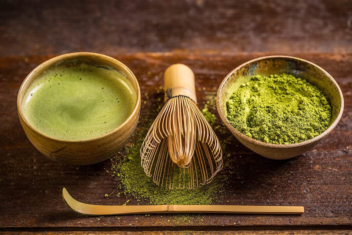 matcha powder and cup of tea