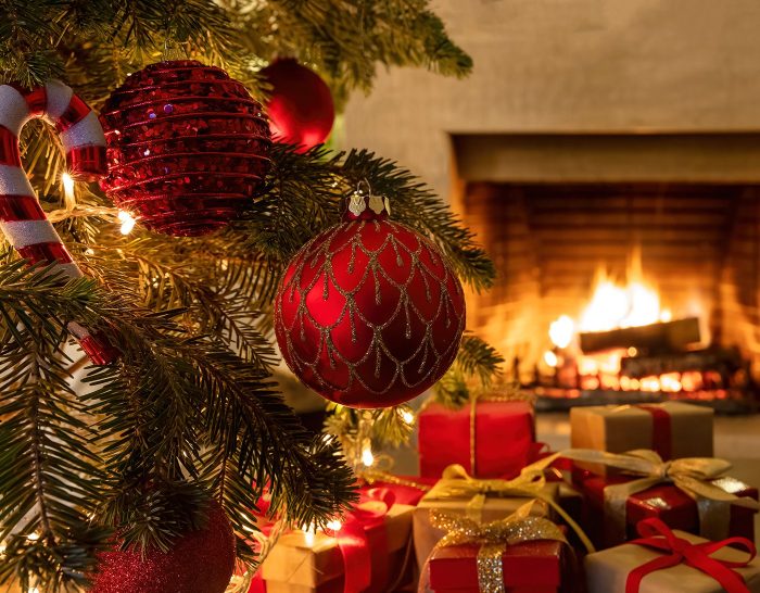 Christmas tree, presents and fireplace Christmas tree, presents and fireplace
